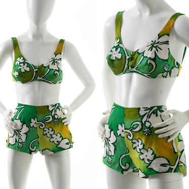 Vintage 1960s Bikini | 60s KAMEHAMEHA Hawaiian Floral Tropical Psychedelic Green Aloha Two Piece Shorts Swimsuit (x-small/small) 