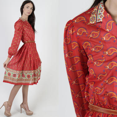 Vintage 70s Red Paisley Dress / Sheer Disco Secretary Style / Thin Material Full Pleated Skirt Mini Dress 