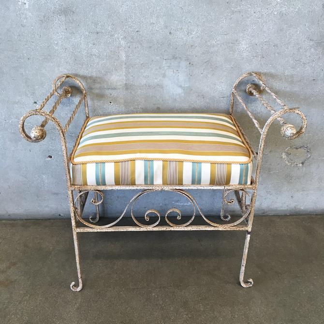 Wrought Iron Vanity Bench With Stripe, Wrought Iron Vanity Seat