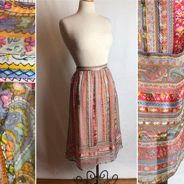 Beautiful layered silk bohemian skirt~ sheer silky woven threading~ dainty floral stripes~ size 28” waist 