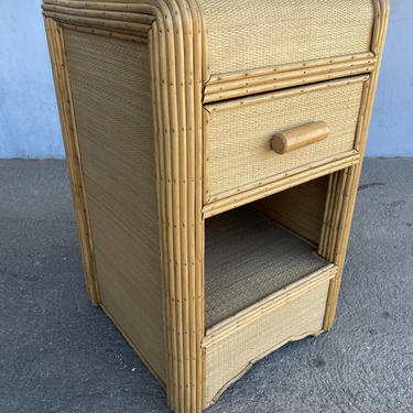 Restored Streamline Stick Rattan Bedside Table with Grass Mat Coverings 