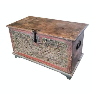 Indonesian Antique Carved and Painted Storage Trunk Chest 