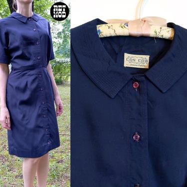 Comfy Chic Vintage 50s 60s Navy Blue Cotton Day Dress with Collar 