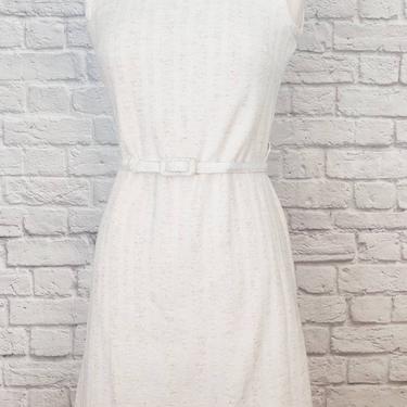 Vintage Linen Blend White 60s 70s Dress with Belt // Striped Bleeker Street Pencil Dress 