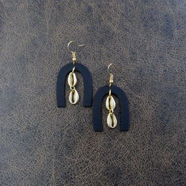 Cowrie shell earrings, black earrings, African earrings, mid century earrings, bold statement earrings, unique Afrocentric earrings 