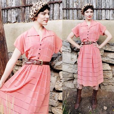 1940s Coral Pink Shirtwaist Dress / 40s Nylon Satin Short Sleeved Dress with Faggoting Stiches / Med / Noemie 