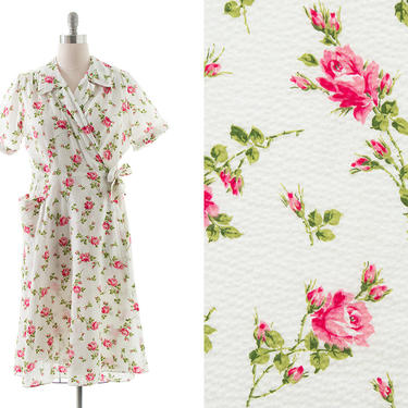 Vintage 1940s Wrap Dress | 40s SAYBURY Rose Floral Printed Cotton Seersucker White Pink Midi Fit and Flare Day Dress with Pocket (x-large) 