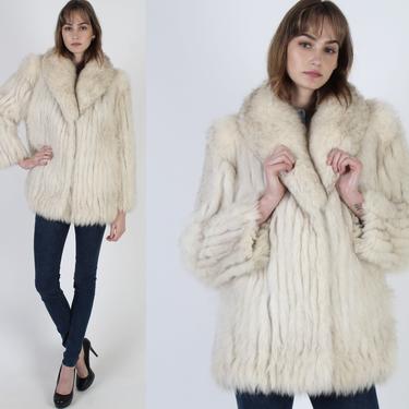 Vintage 80s Saga Arctic Fox Fur Jacket / Plush Shawl Collar Suede Corded Coat 