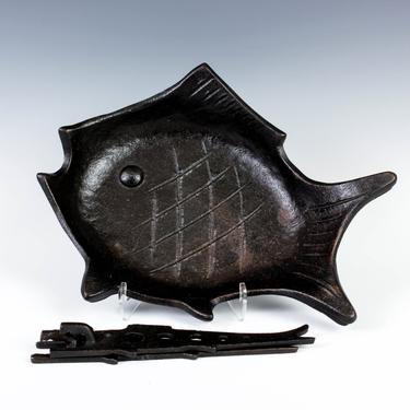 2 Iron Fish Serving Platters - Handled Dishes - Made in Japan - Signed Japanese Iron - Mid Century Metal - 11.5&quot; Hot Plates with Holders 