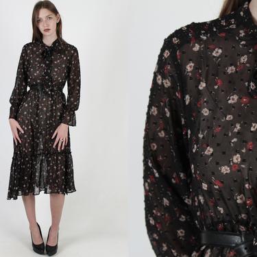 Vintage 80s Sheer Black Floral Dress / Thin Sheer Sleeve Bouquet Flowers / 1980s Calico Swiss Dot / Bow Tie Airy Mini Dress 