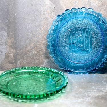 Set of 2 Pairpoint Colored Glass Coasters - Boston Pops & Lexington 1776 - Green and Blue Glass - Small Pairpoint Plates  | FREE SHIPPING 