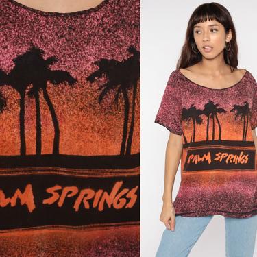 Palm Springs T Shirt 90s California Sunset Shirt Short Sleeve Orange Pink Palm Trees Tshirt Tourist Tee 1990s Vacation Large 