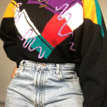 Vintage 1980s 1990s 80s Abstract Art Color Block Sweater Chevron Black Yellow White Red Purple Turquoise Blue Dolman Sloughy Medium Large 