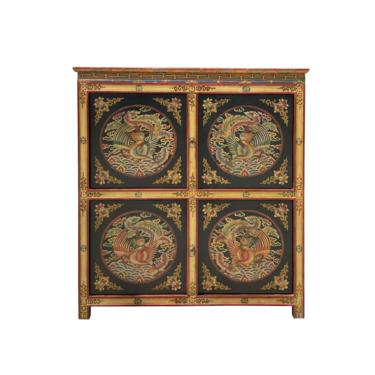 Chinese Tibetan Treasure Color Phoenix Graphic Credenza Storage Cabinet cs6954E 
