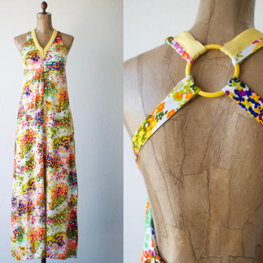 70s Vintage BRIGHT FLORAL HALTER Maxi Dress, Open Back Sleeveless Backless V-neck Zip Front Psychedelic Floral Low Scoop Back Sexy Fitted M 