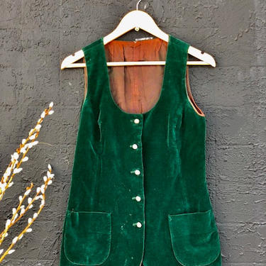 Emerald Green Velvet 70s Button Up Vest \/ S-M