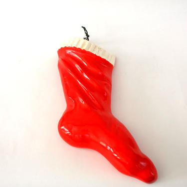 Vintage Christmas Decor Ceramic Christmas Stocking Wall Hanging Santa Boot Vintage Cast Mold Red and White Holiday Decor 