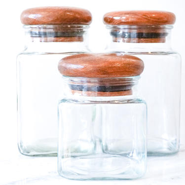 Set of 3 Mid-Century Modern Glass Jars With Genuine Teak Wood Lids 