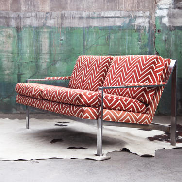 Post Modern Cy Mann Milo Baughman Style Sofa Loveseat 1970s Mid Century Modern MCM Chrome Design MCM Hollywood Regency 