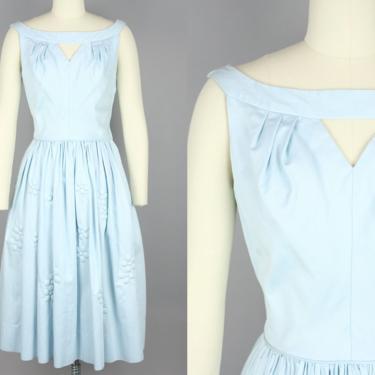 1950s Dress with Trapunto Floral Skirt · Vintage 50s Light Blue Cotton Dress with Cut Out Neckline · Small 