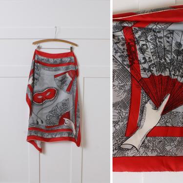 vintage 1950s silk novelty print scarf • hands decorative fans &amp; mask print • oversized Kerrybrooke red and silver scarf 