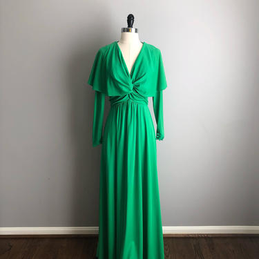 Vintage 70s Long Flutter Sleeve Emerald Green Dress 