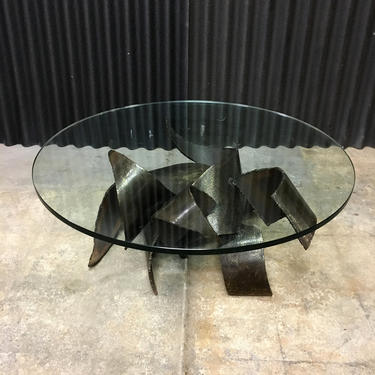 Silas Seandel Style Brutalist Steel and Glass Coffee Table 
