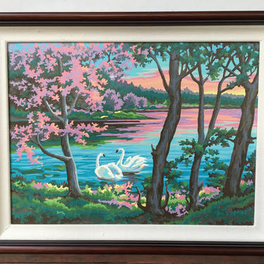 Vintage Swans Paint By Numbers, Framed 1999 Swan Lake At Sunset, Pink Aqua PBN Artwork, Signed By Artist 