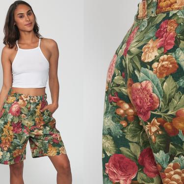 Floral Shorts -- 90s FLORAL Print Mom Shorts Green Red High Waisted Retro Trouser Baggy 80s Vintage Cotton Tapestry Small 