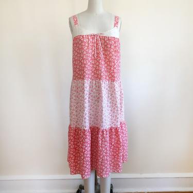 Pink and White Floral Print Tiered Midi Dress - 1960s 