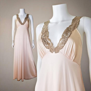 Vintage Silky Peach Nightgown, XS to Small / 1970s Nylon Slip Dress Lingerie / Ecru Lace Sleeveless Goddess Gown / Empire Waist Nightgown 