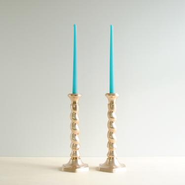 Vintage Tall Brass Candle Holders, Pair of Twist Shape Large Gold Candle Holders 