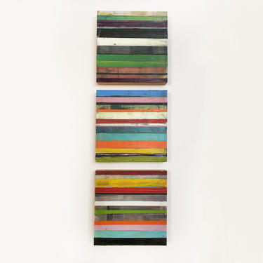 Triptych Striped Paintings Contemporary Abstract Multicolored Geometric on Wood 