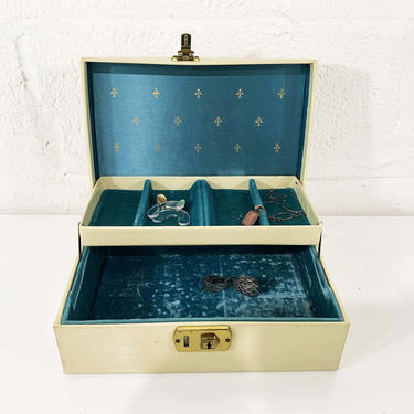 True Vintage Jewelry Box Cream Beige Gold Ornate Case Vintage Turquoise Teal Blue Velvet Vanity Retro Storage 1950s 50s 
