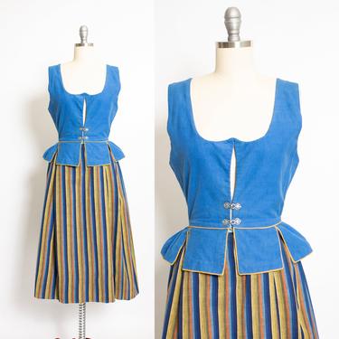 Vintage Dirndl Dress Blue Stripe Austrian Cotton Full Skirt Ethnic Octoberfest 1980s XS Extra Small 