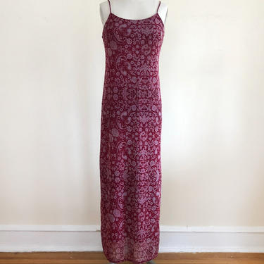 Red/Burgundy Floral and Paisley Print Mesh Maxi Dress - Late 1990s 