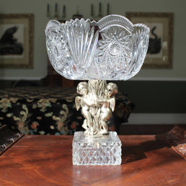 Cut Glass Compote Bowl on Pedestal with Cherubs 