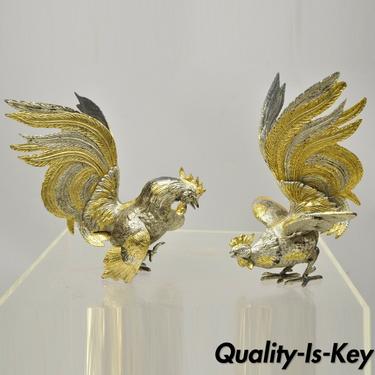 Vtg Italian Gold Silver Gilt Metal Cock Fight Fighting Rooster Figurines - Pair
