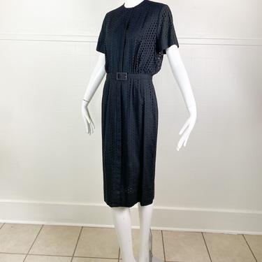1950s Black Square Eyelet Dress with Belt / small-medium 