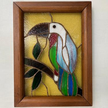 Vintage Parrot Stained Glass Panel, Hand Made Stained Glass Hanging, Toucan Glass Art With Wood Frame, 11.75&quot;x16&quot; 