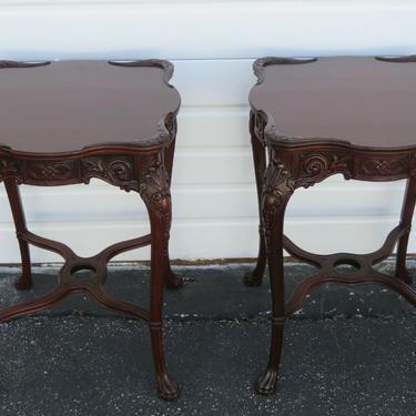 Tall Pair of Carved Mahogany Early 1940s Side End Tables 2148