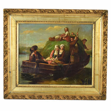 Antique Early 19th C. Dutch Oil Painting Shy Young Women on Hay Barge w Villagers 