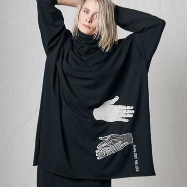 Oversized Funnel Neck Embroidered Hands Tunic