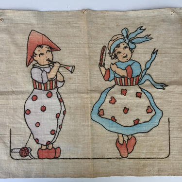 Antique Fabric Wall Hanging, Boy And Girl, Linen Printed With Embroidered Outline Hand Stitched 