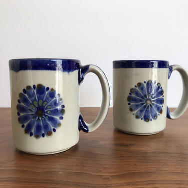Vintage El Palomar Pottery Pair of Mugs - Blue Guadalajara Pattern 