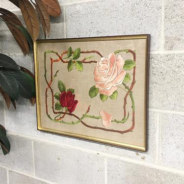 Vintage Crewel 1970s Retro Flowers + Size 21x16 + Roses + Floral Embroidery + Homemade + Red and Pink + Fiber Art + Home and Wall Decor 