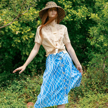 70s Blue White Pattern Button Skirt Vintage Printed Flared Skirt 