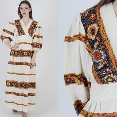 Vintage 70s Ethnic Floral Dress Prairie Peasant Folk Deep V Wrap Puff Sleeve Maxi Dress 