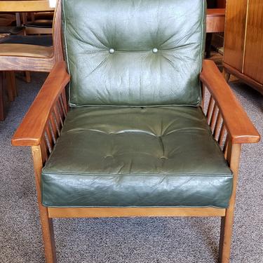 Item #V509 Mid Century Teak Arm Chair w/ Faux Green Leather c.1950