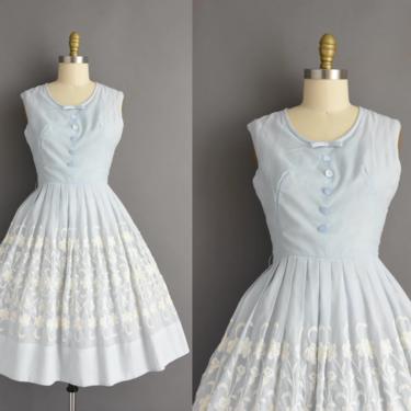 1950s vintage dress | Powder Blue Cotton Sleeveless Full Skirt Floral Embroidered Dress | Small | 50s dress 